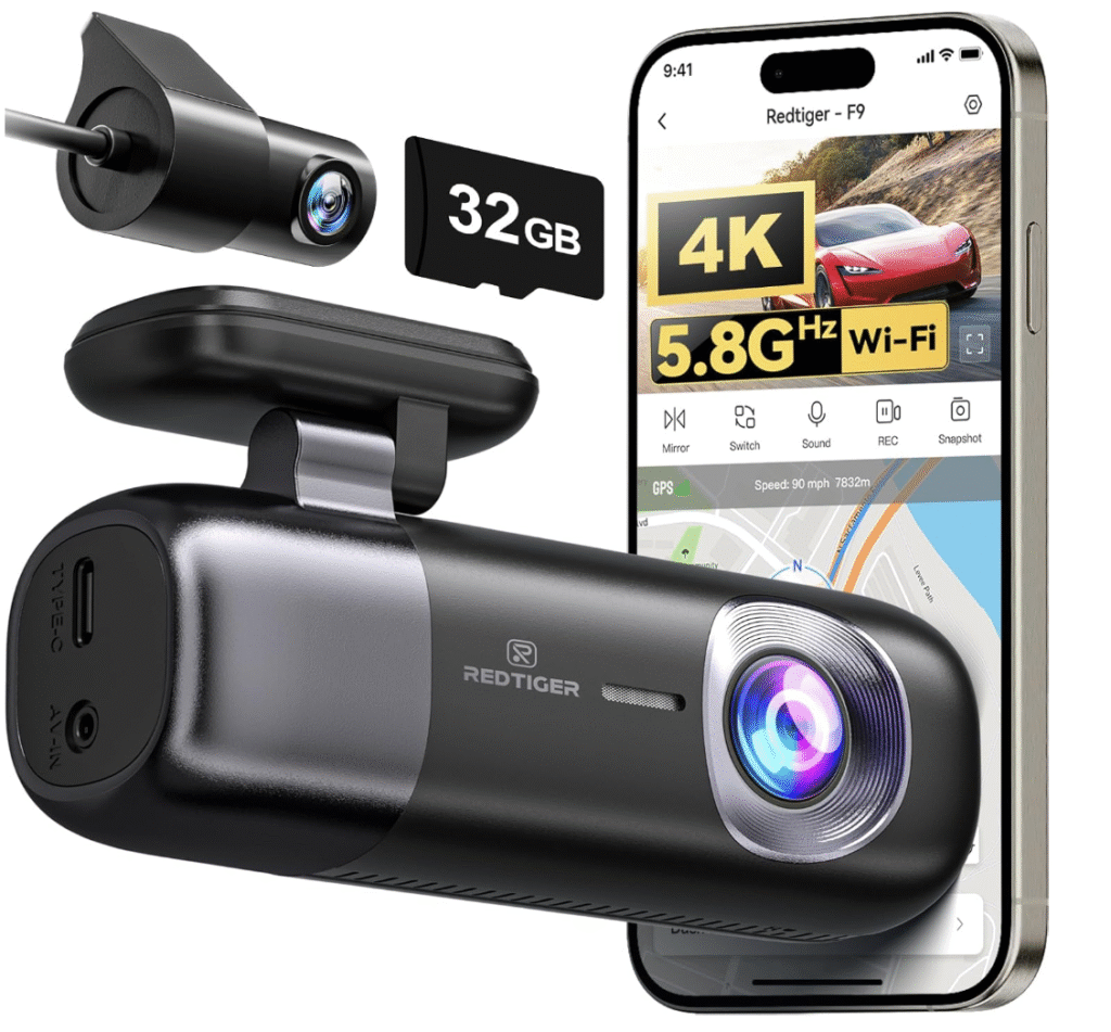 REDTIGER Dash CAM Coche 4K+1080P,Cámara Coche con WiFi 5.8G y GPS,Incluye 32GB(Soporta 256GB), Dashcam con Visión Nocturna, Modo Aparcamiento, Control por App,170° Gran Angular
