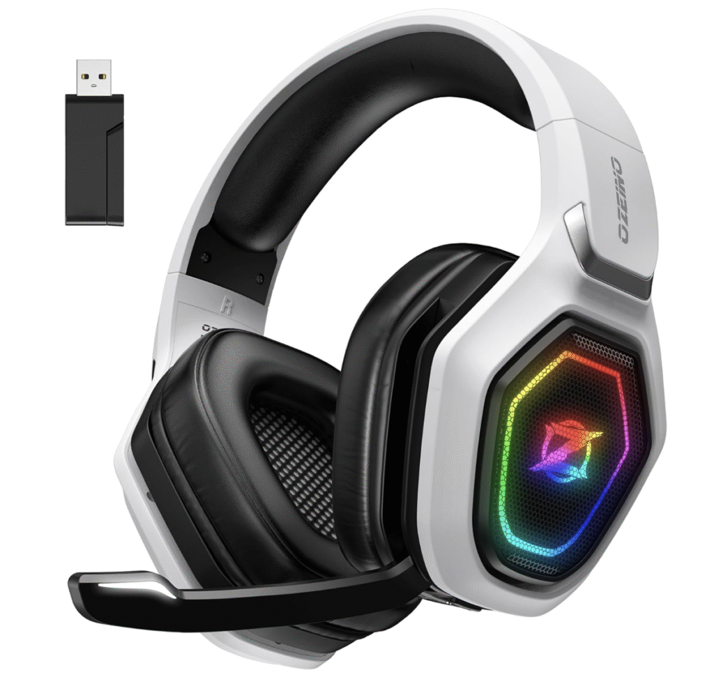 Ozeino Cascos Gaming Inalámbricos para PC/Ps5/Ps4, Auriculares Gaming Inalámbricos de 2,4GHz Wireless+Bluetooth, Baja Latencia Calidad de Sonido sin Pérdidas, Duración 30Hr+